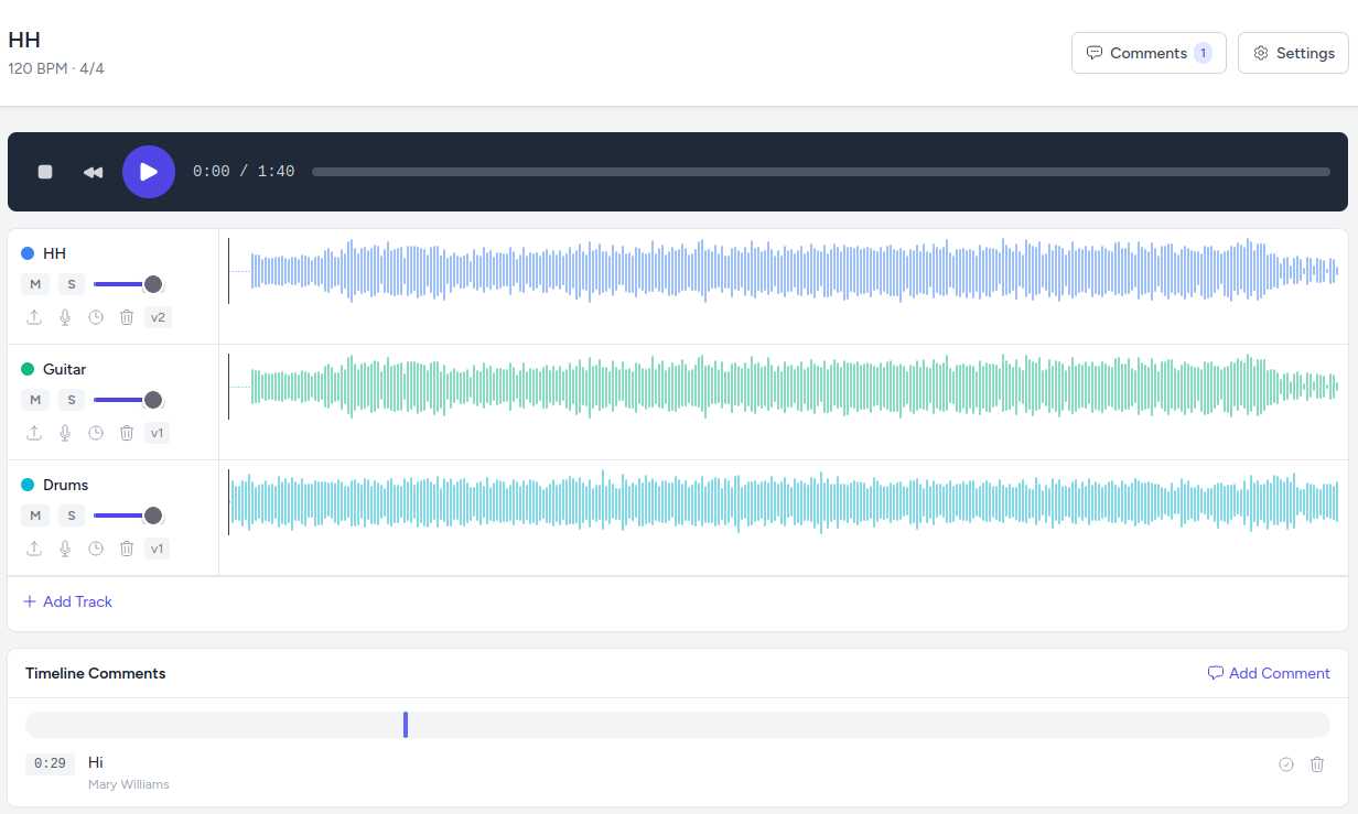 Recording Studio showing multi-track editor with waveforms, transport controls, and timeline comments