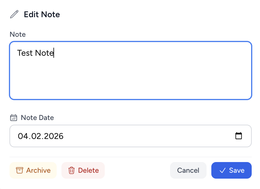 Edit Note modal with date picker and archive option