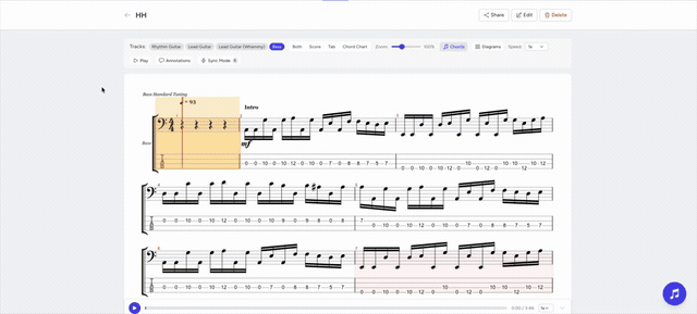 Sheet page showing the sticky audio player staying fixed at the bottom while scrolling through notation