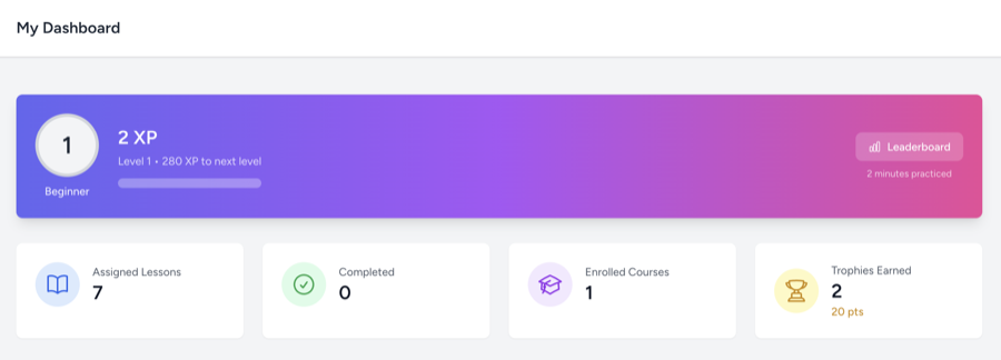 XP dashboard showing student level, experience points, and progress