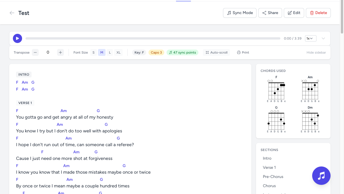 Chord sheet with lyrics, inline chord names, audio player, and section sidebar