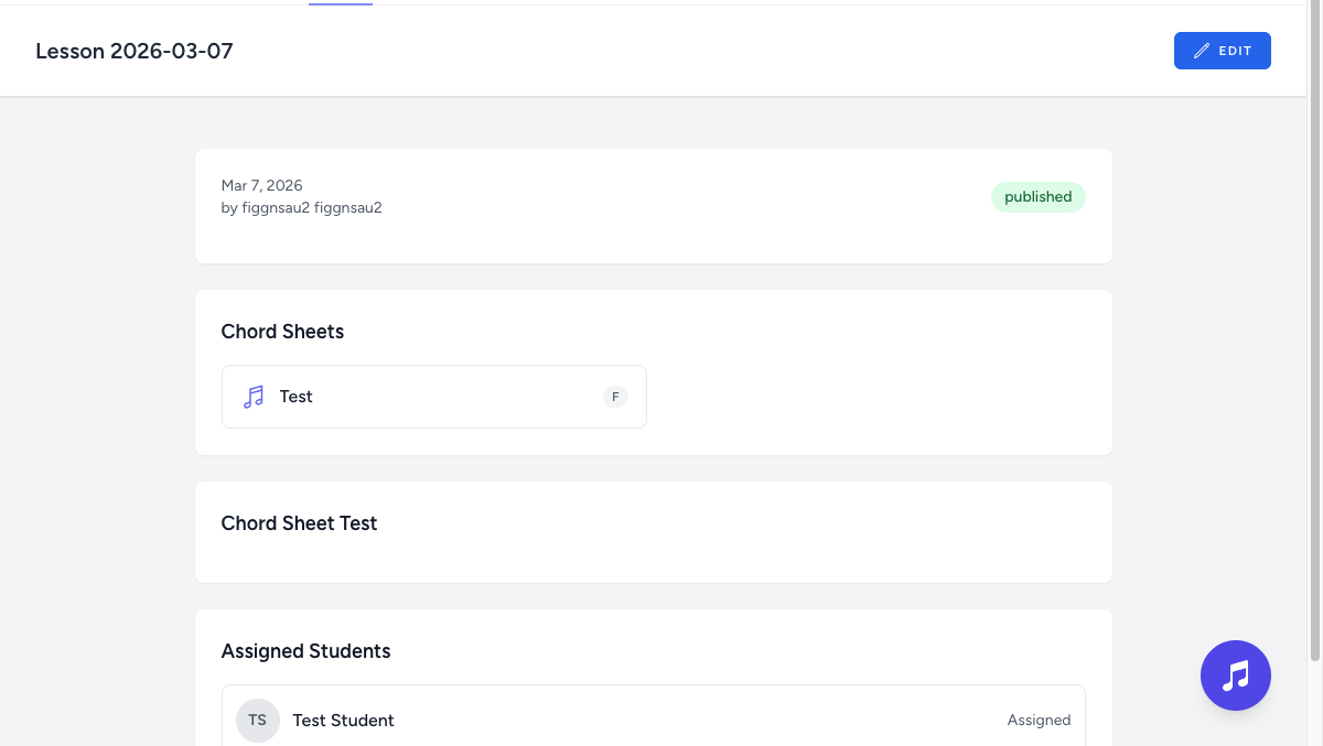 Lesson view showing assigned students, chord sheets, and publication status