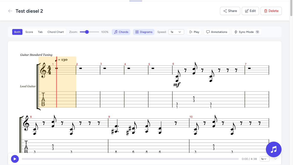 Sheet music viewer showing guitar tablature with score, playback controls, and sync mode