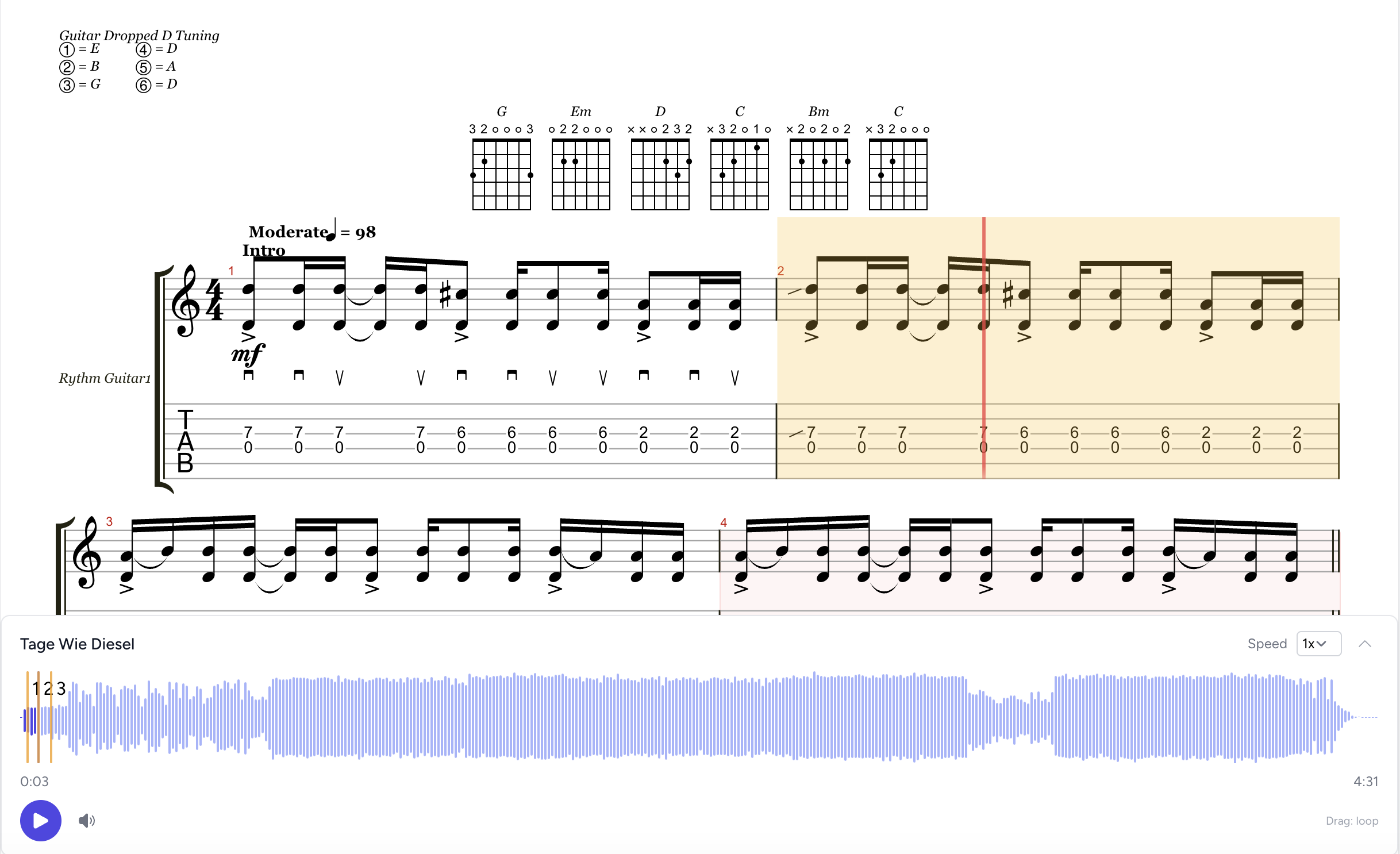 Sheets platform showing synchronized score playback with a sticky waveform audio player